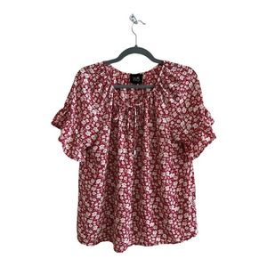 W5 Blouse Top Red Floral Short Sleeves Keyhole Neckline Womens Size Large